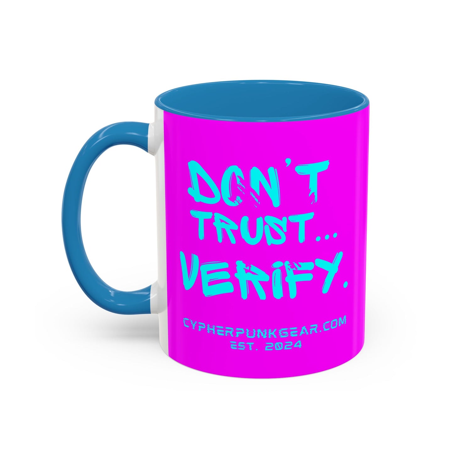 Don't Trust...Verify. Electric Magenta Accent Mug by cypherpunkgear.com