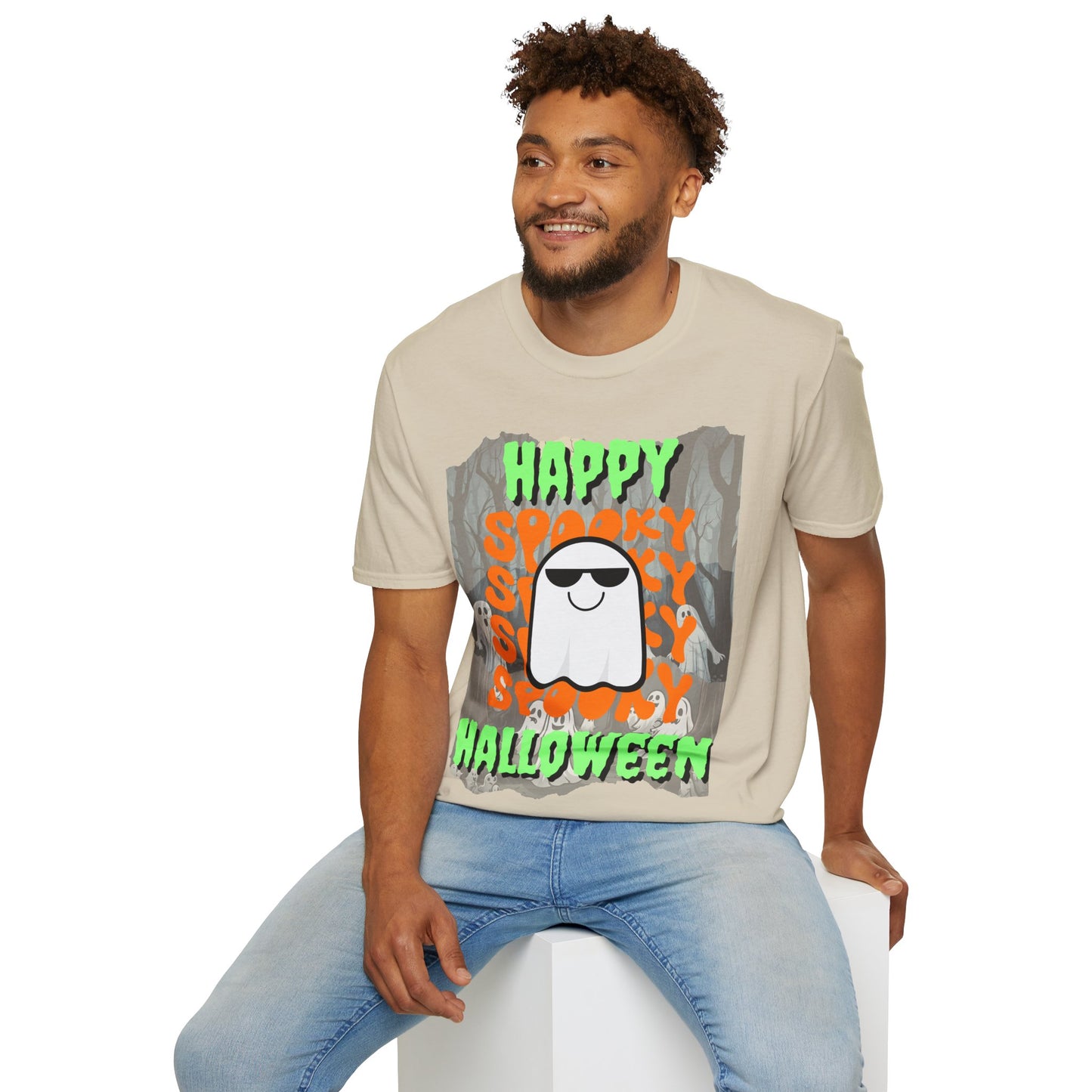 Spooky Happy Halloween Ghost Light colors Green font Unisex T-Shirt by CreepyCrafts.boo
