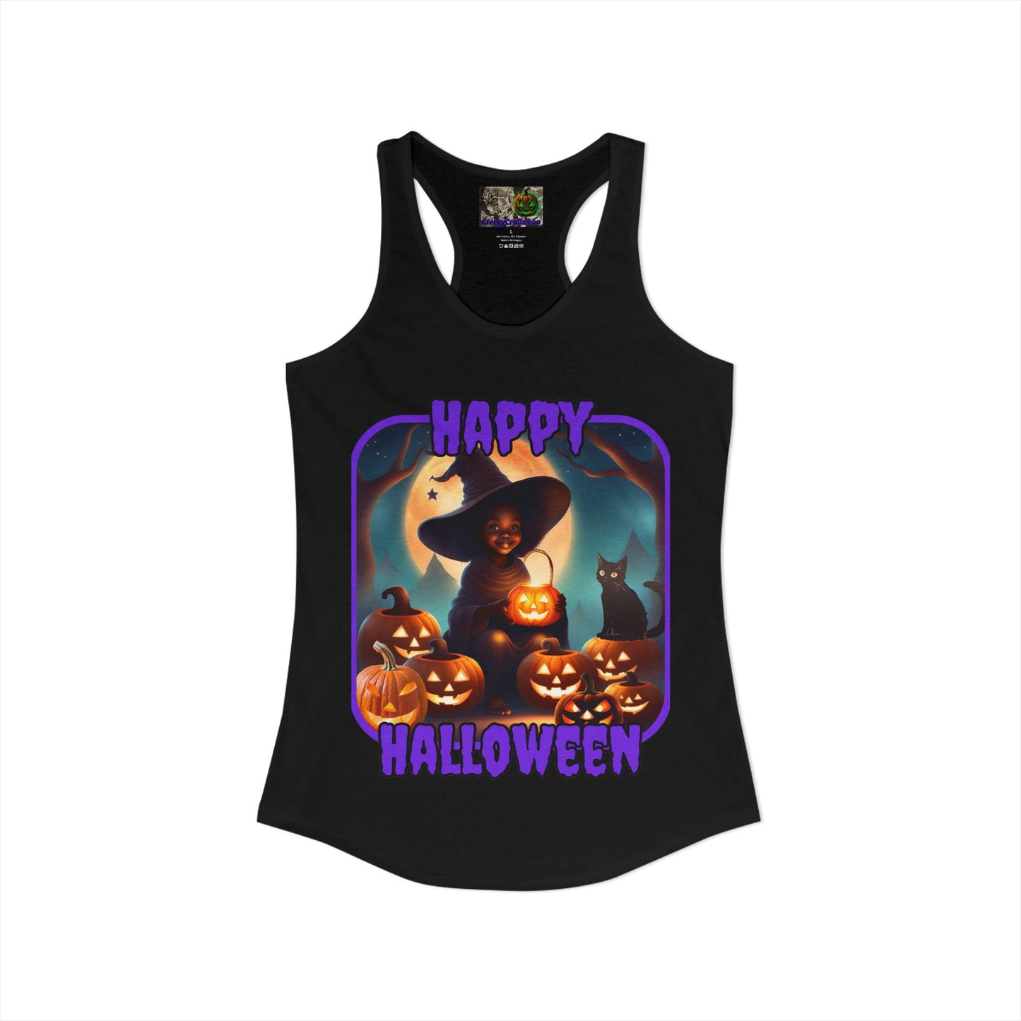 Happy Halloween Cute Witch Purple font Women's Racerback Tank Top by CreepyCrafts.boo