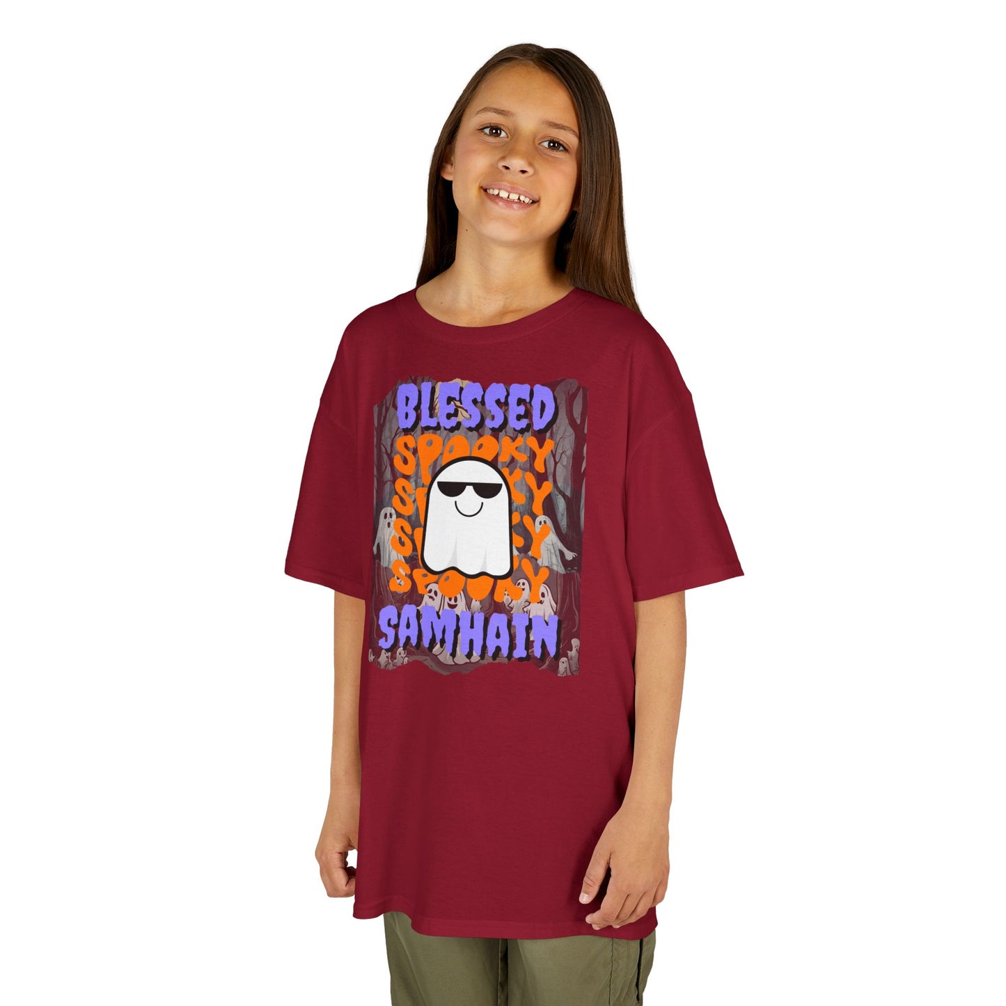 Spooky Blessed Samhain Ghost Purple font Kids Heavy Cotton™ Tee by CreepyCrafts.boo