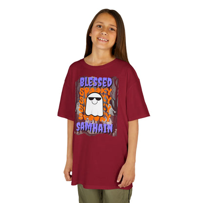 Spooky Blessed Samhain Ghost Purple font Kids Heavy Cotton™ Tee by CreepyCrafts.boo