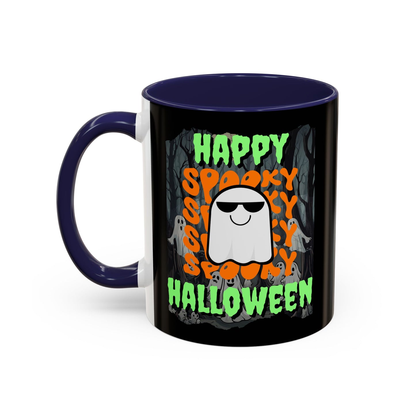 Spooky Happy Halloween Ghost Green font Black Accent Mug by CreepyCrafts.boo