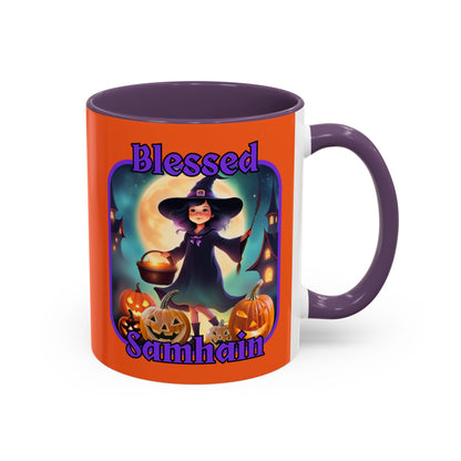 Blessed Samhain Little Witch Purple font Orange Accent Mug by CreepyCrafts.boo