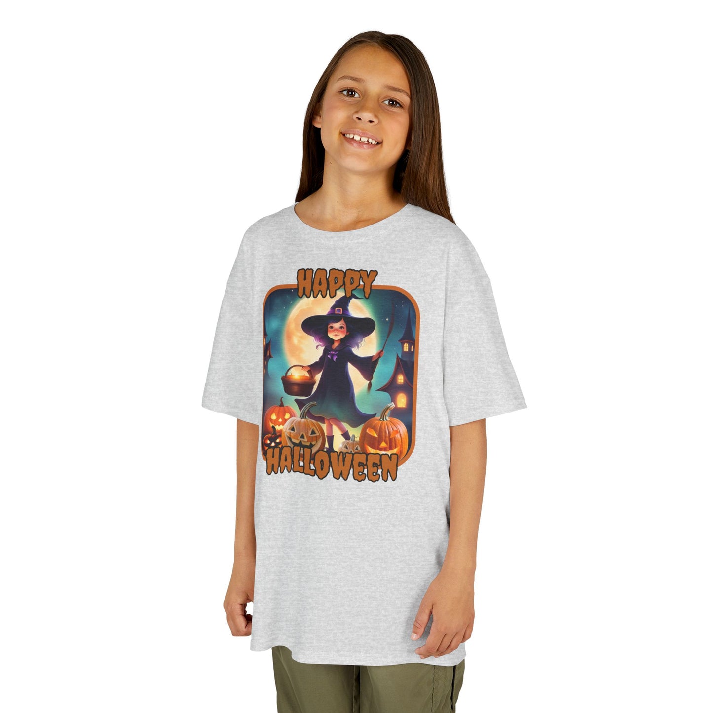 Happy Halloween Little Witch Orange font Kids Heavy Cotton™ Tee by CreepyCrafts.boo