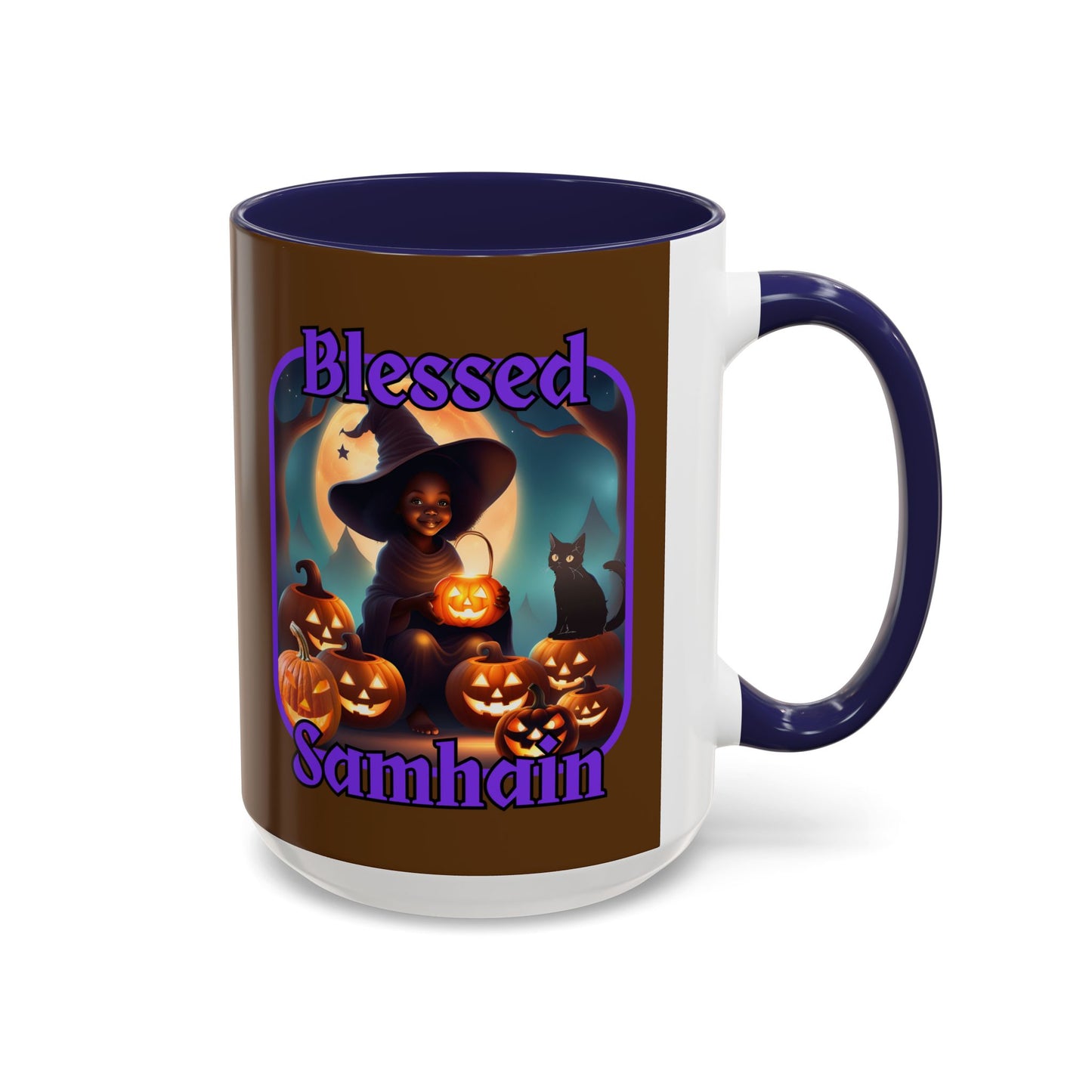 Blessed Samhain Cute Witch Purple font Brown Accent Mug by CreepyCrafts.boo