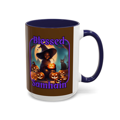 Blessed Samhain Cute Witch Purple font Brown Accent Mug by CreepyCrafts.boo