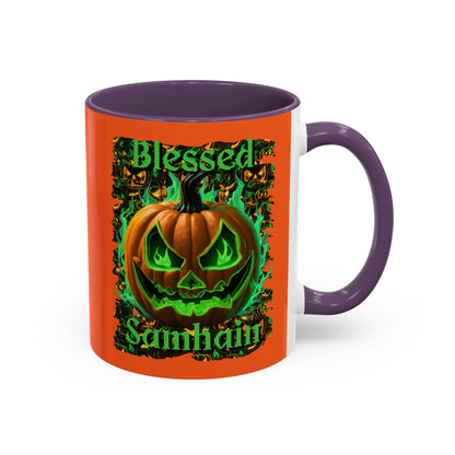Blessed Samhain Green Jack Orange Accent Mug by CreepyCrafts.boo