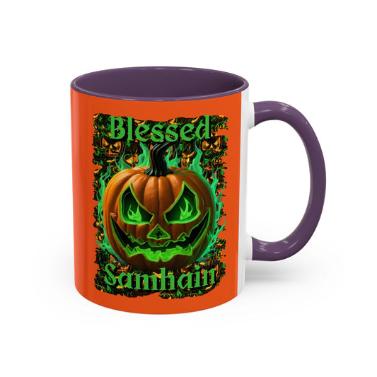 Blessed Samhain Green Jack Orange Accent Mug by CreepyCrafts.boo