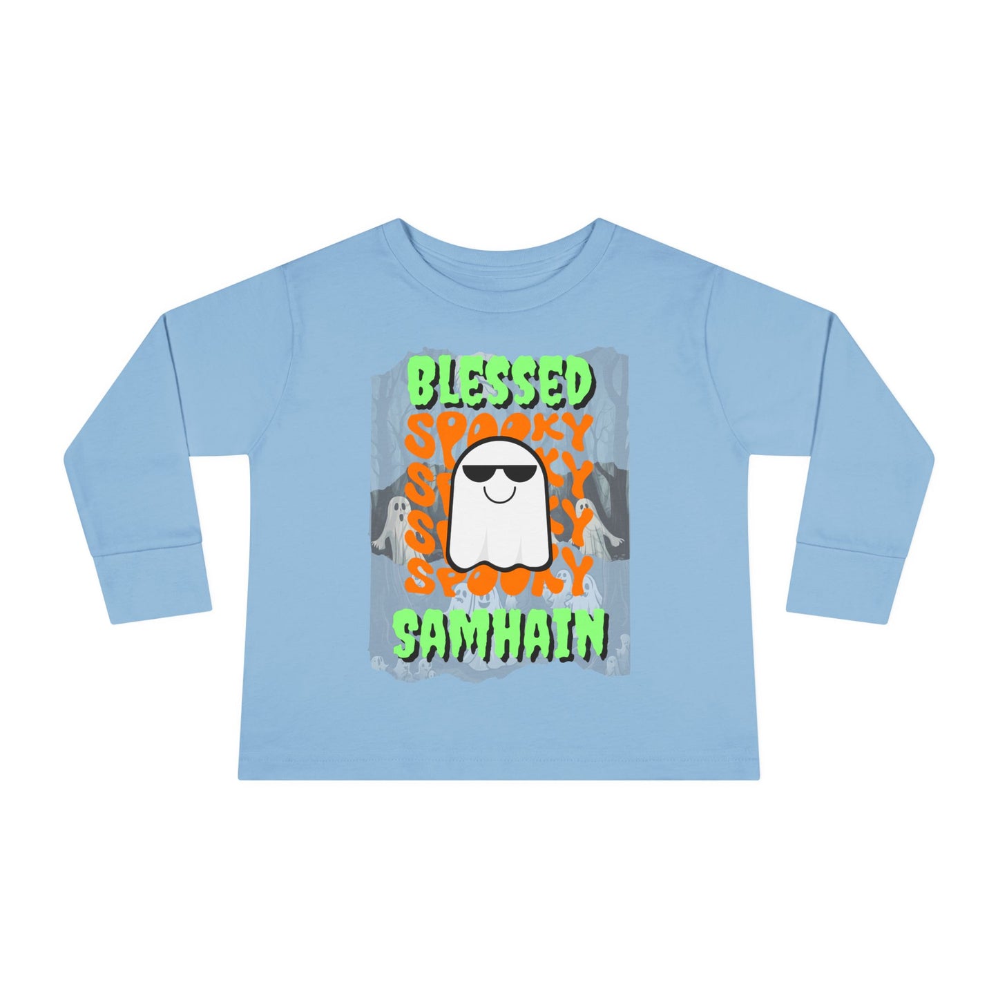 Spooky Blessed Samhain Ghost Green font Toddler Long Sleeve Tee by CreepyCrafts.boo