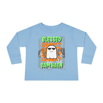 Spooky Blessed Samhain Ghost Green font Toddler Long Sleeve Tee by CreepyCrafts.boo
