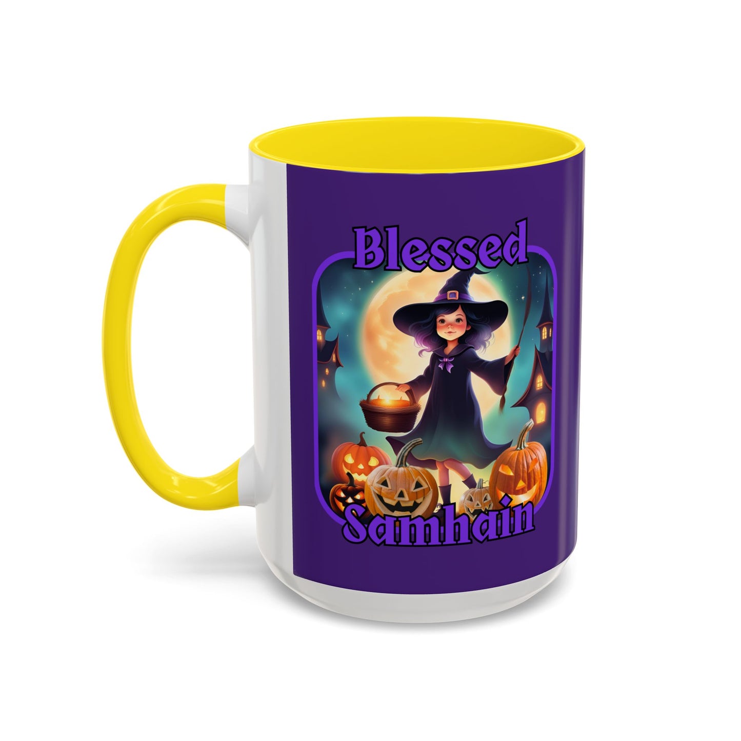 Blessed Samhain Little Witch Purple font Purple Accent Mug by CreepyCrafts.boo