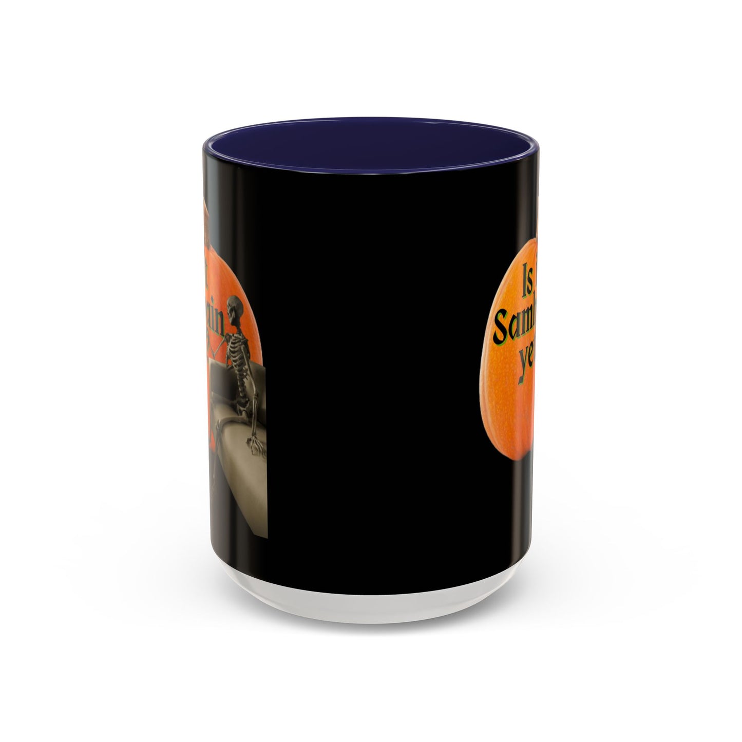 Is It Samhain Yet? Skeleton's Giant Pumpkin Black Accent Mug by CreepyCrafts.boo