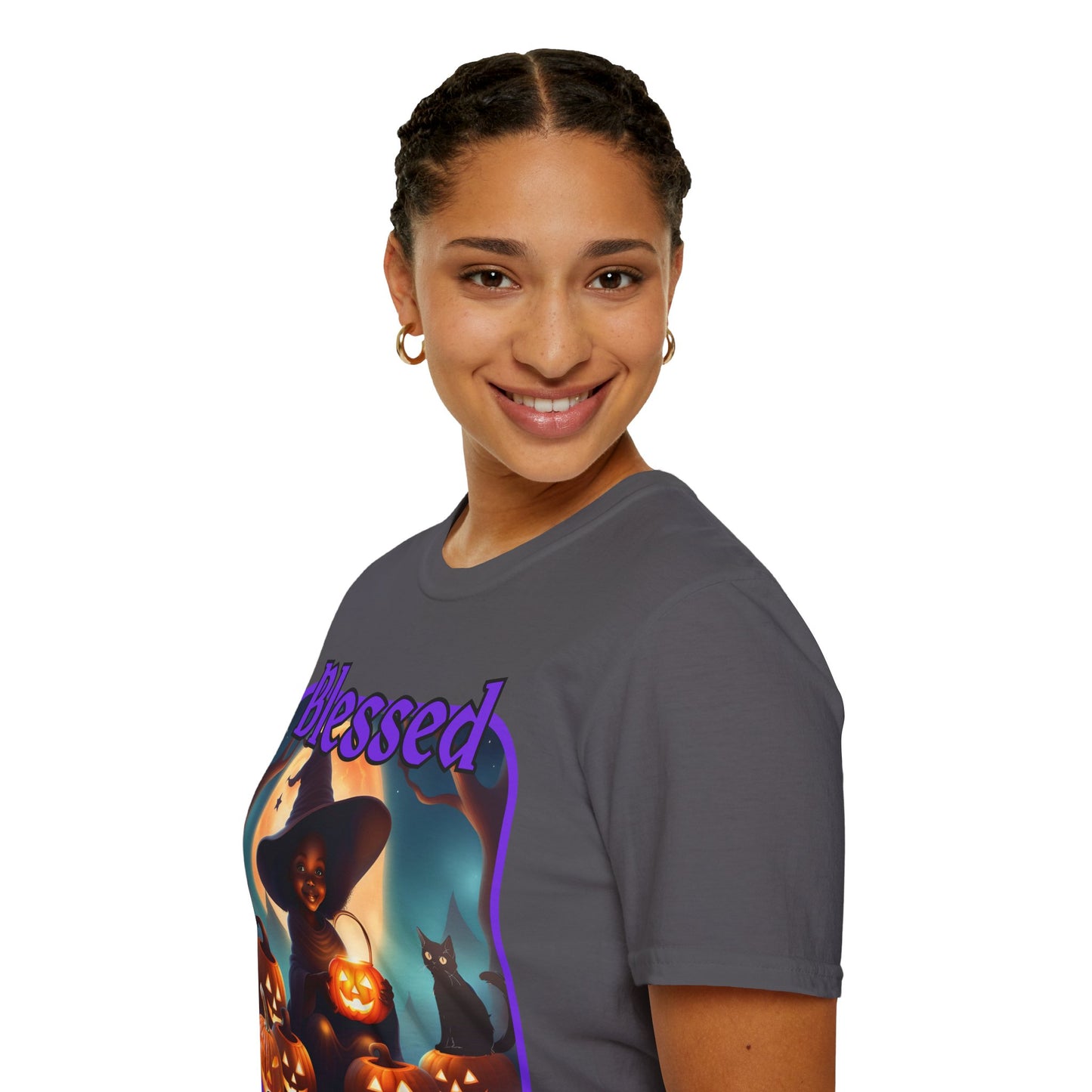 Blessed Samhain Cute Witch Purple font Dark colors Unisex T-Shirt by CreepyCrafts.boo