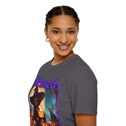 Blessed Samhain Cute Witch Purple font Dark colors Unisex T-Shirt by CreepyCrafts.boo