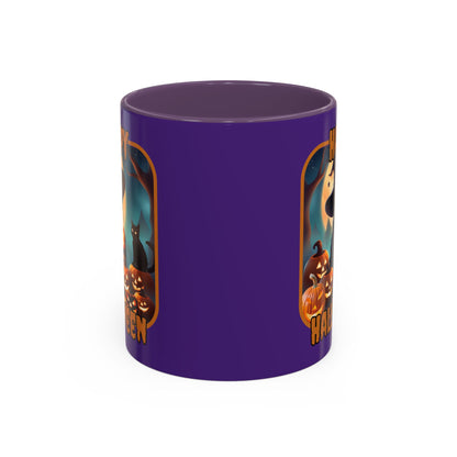 Happy Halloween Cute Witch Orange font Purple Accent Mug by CreepyCrafts.boo