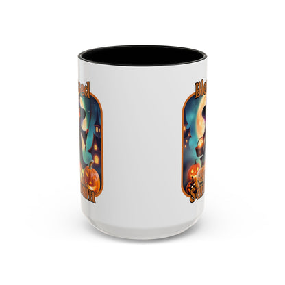 Blessed Samhain Little Witch Orange font White Accent Mug by CreepyCrafts.boo