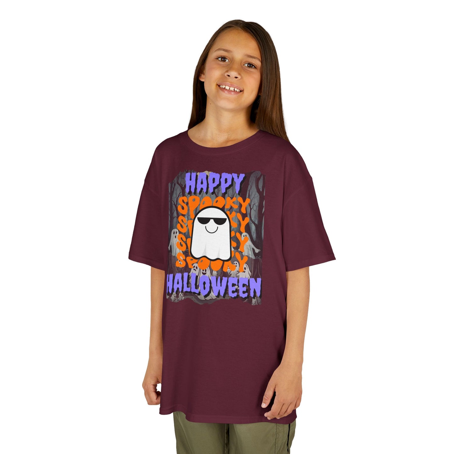 Spooky Happy Halloween Ghost Purple font Kids Heavy Cotton™ Tee by CreepyCrafts.boo