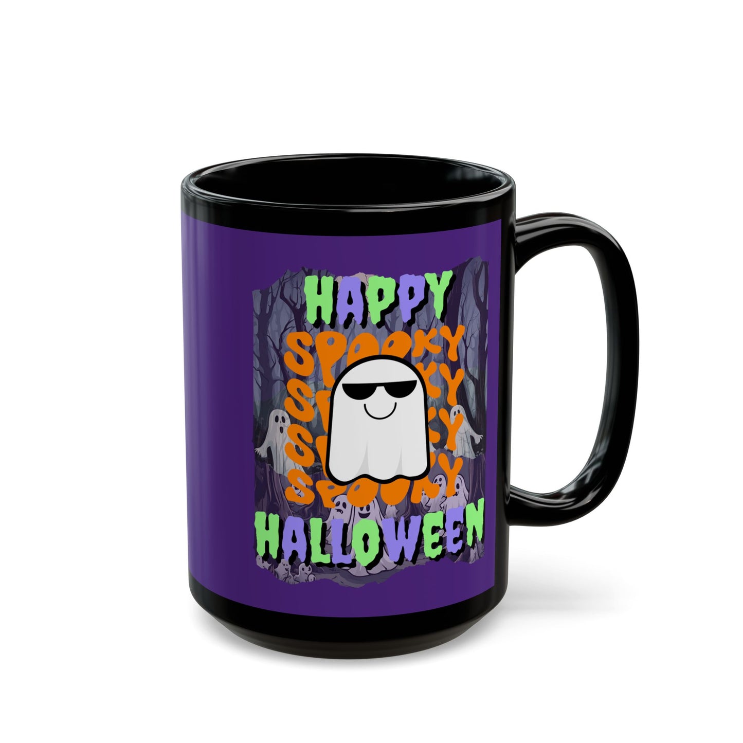 Spooky Happy Halloween Ghost Mixed font Purple Mug by CreepyCrafts.boo