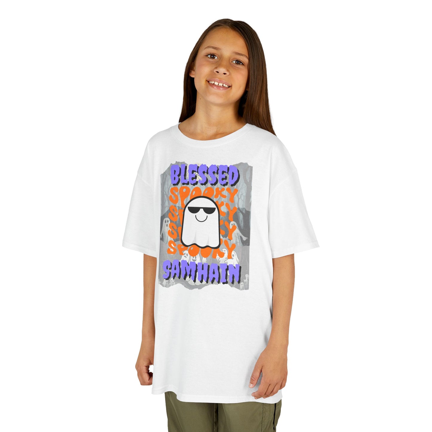Spooky Blessed Samhain Ghost Purple font Kids Heavy Cotton™ Tee by CreepyCrafts.boo