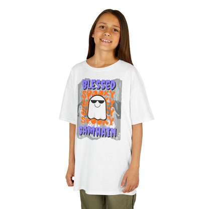 Spooky Blessed Samhain Ghost Purple font Kids Heavy Cotton™ Tee by CreepyCrafts.boo