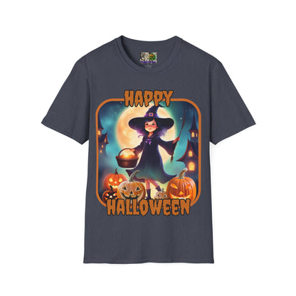 Happy Halloween Little Witch Orange font, Dark colors, Unisex T-Shirt by CreepyCrafts.boo