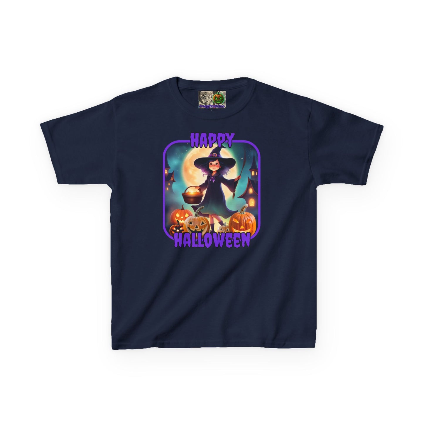 Happy Halloween Little Witch Purple font Kids Heavy Cotton™ Tee by CreepyCrafts.boo