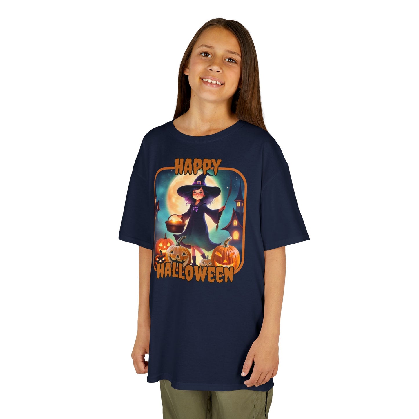 Happy Halloween Little Witch Orange font Kids Heavy Cotton™ Tee by CreepyCrafts.boo