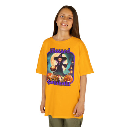 Blessed Samhain Little Witch Purple font Kids Heavy Cotton™ Tee by CreepyCrafts.boo