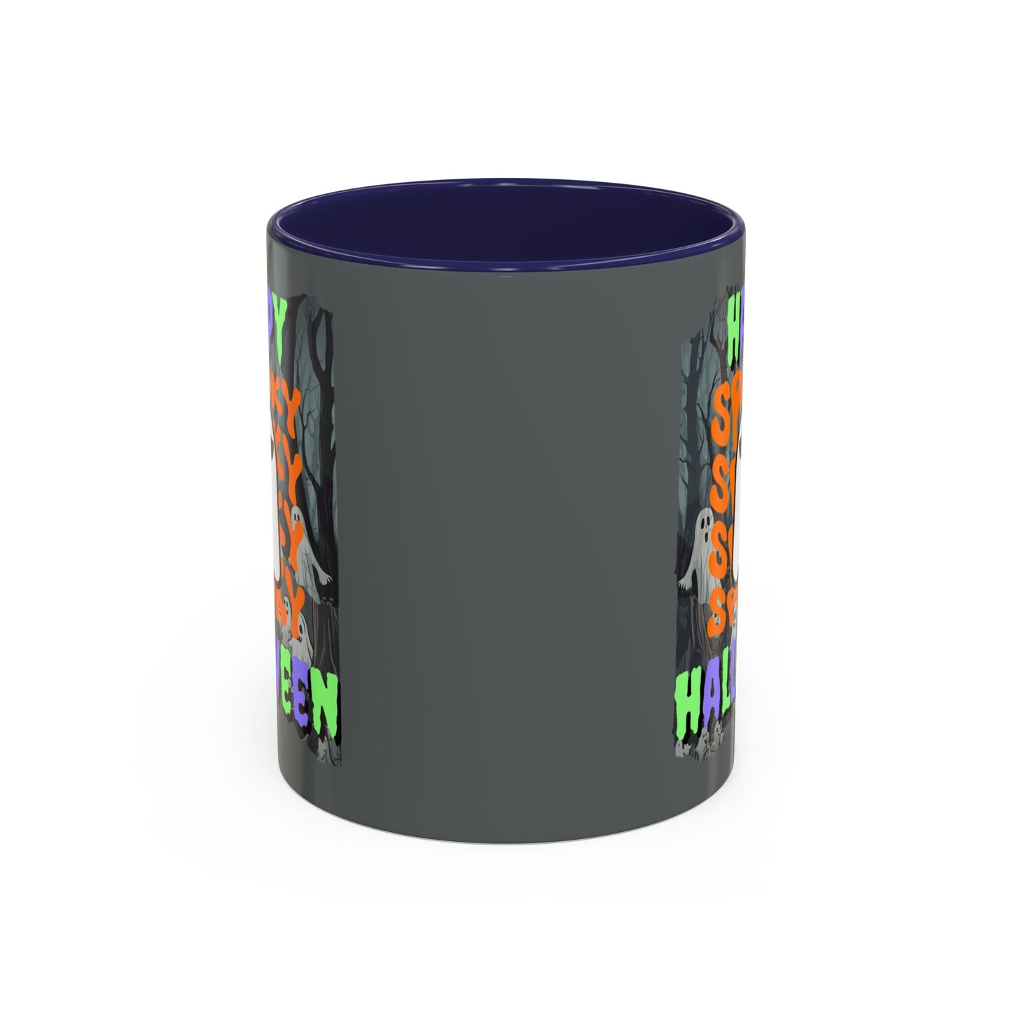 Spooky Happy Halloween Ghost Mixed font Grey Accent Mug by CreepyCrafts.boo