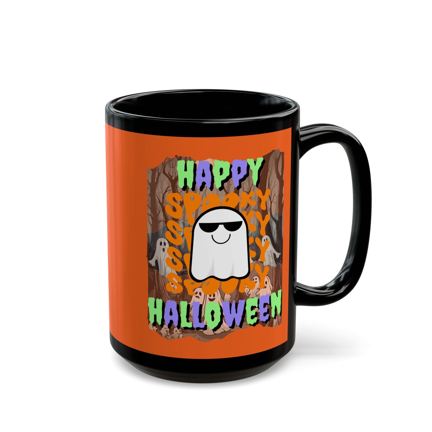 Spooky Happy Halloween Ghost Mixed font Orange Mug by CreepyCrafts.boo