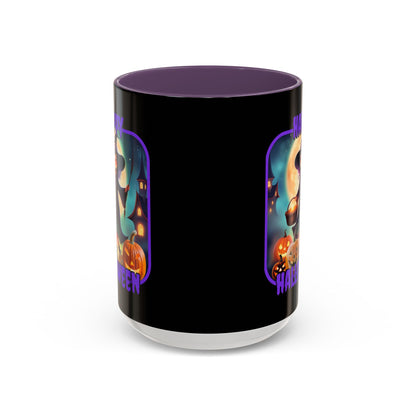 Happy Halloween Little Witch Purple font Black Accent Mug by CreepyCrafts.boo