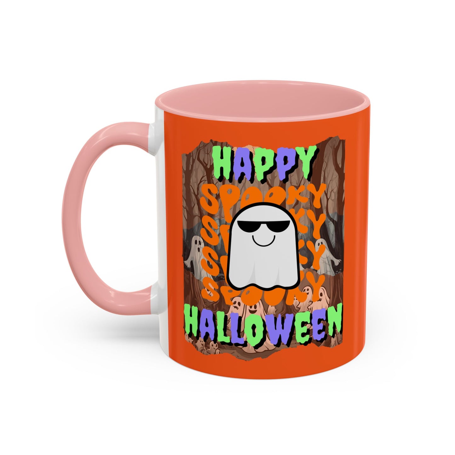 Spooky Happy Halloween Ghost Mixed font Orange Accent Mug by CreepyCrafts.boo