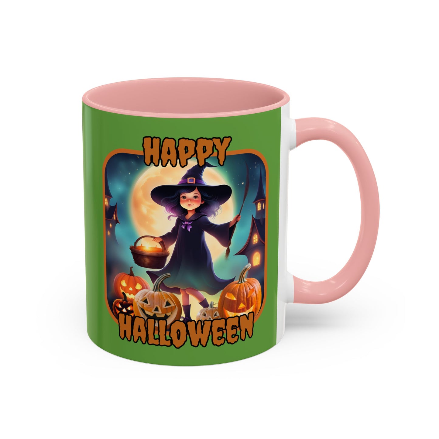 Happy Halloween Little Witch Orange font Green Accent Mug by CreepyCrafts.boo