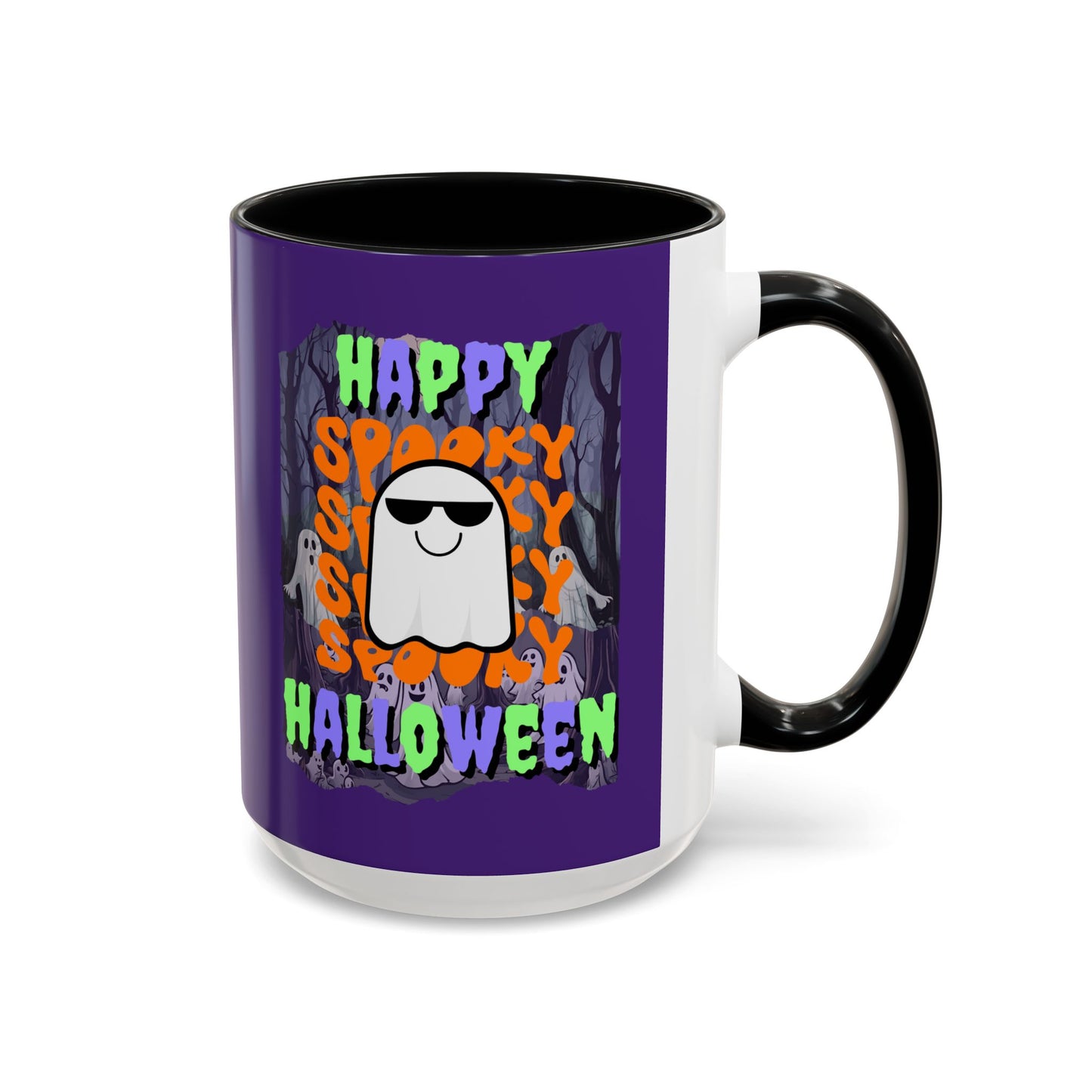 Spooky Happy Halloween Ghost Mixed font Purple Accent Mug by CreepyCrafts.boo