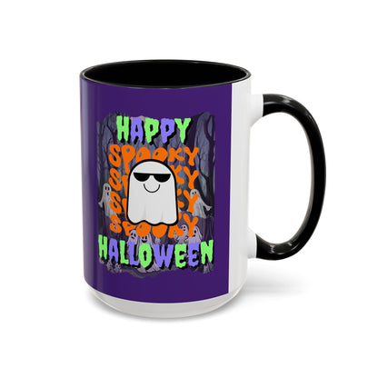 Spooky Happy Halloween Ghost Mixed font Purple Accent Mug by CreepyCrafts.boo