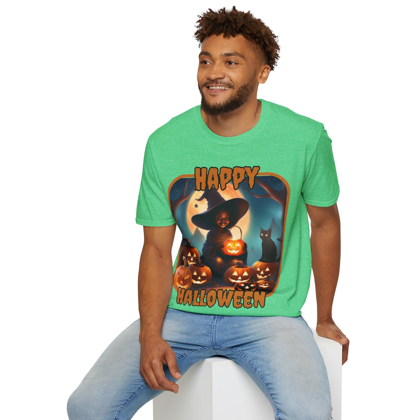 Happy Halloween Cute Witch Orange font, Dark colors, Unisex T-Shirt by CreepyCrafts.boo