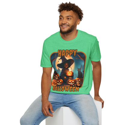 Happy Halloween Cute Witch Orange font, Dark colors, Unisex T-Shirt by CreepyCrafts.boo