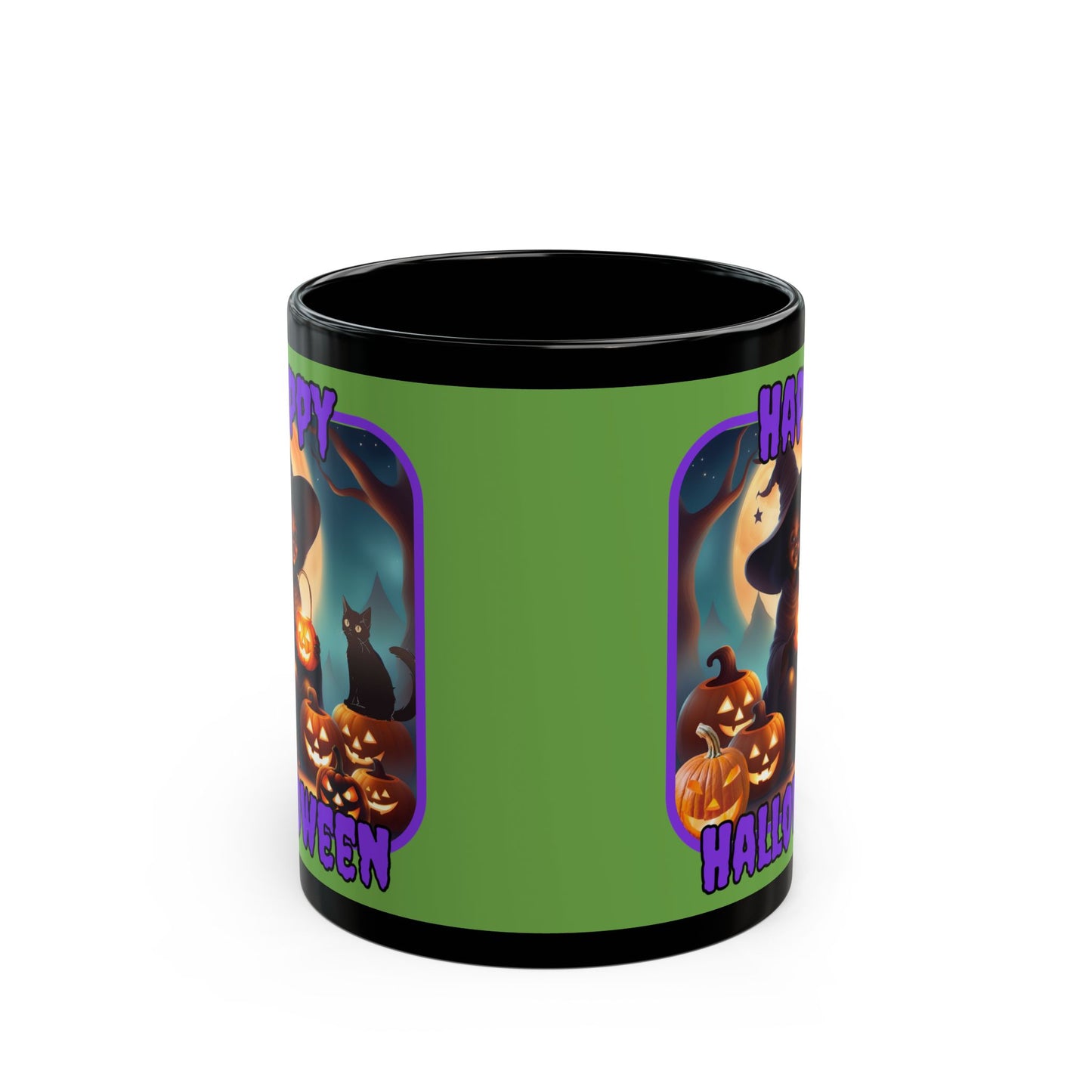 Happy Halloween Cute Witch Purple font Green Mug by CreepyCrafts.boo