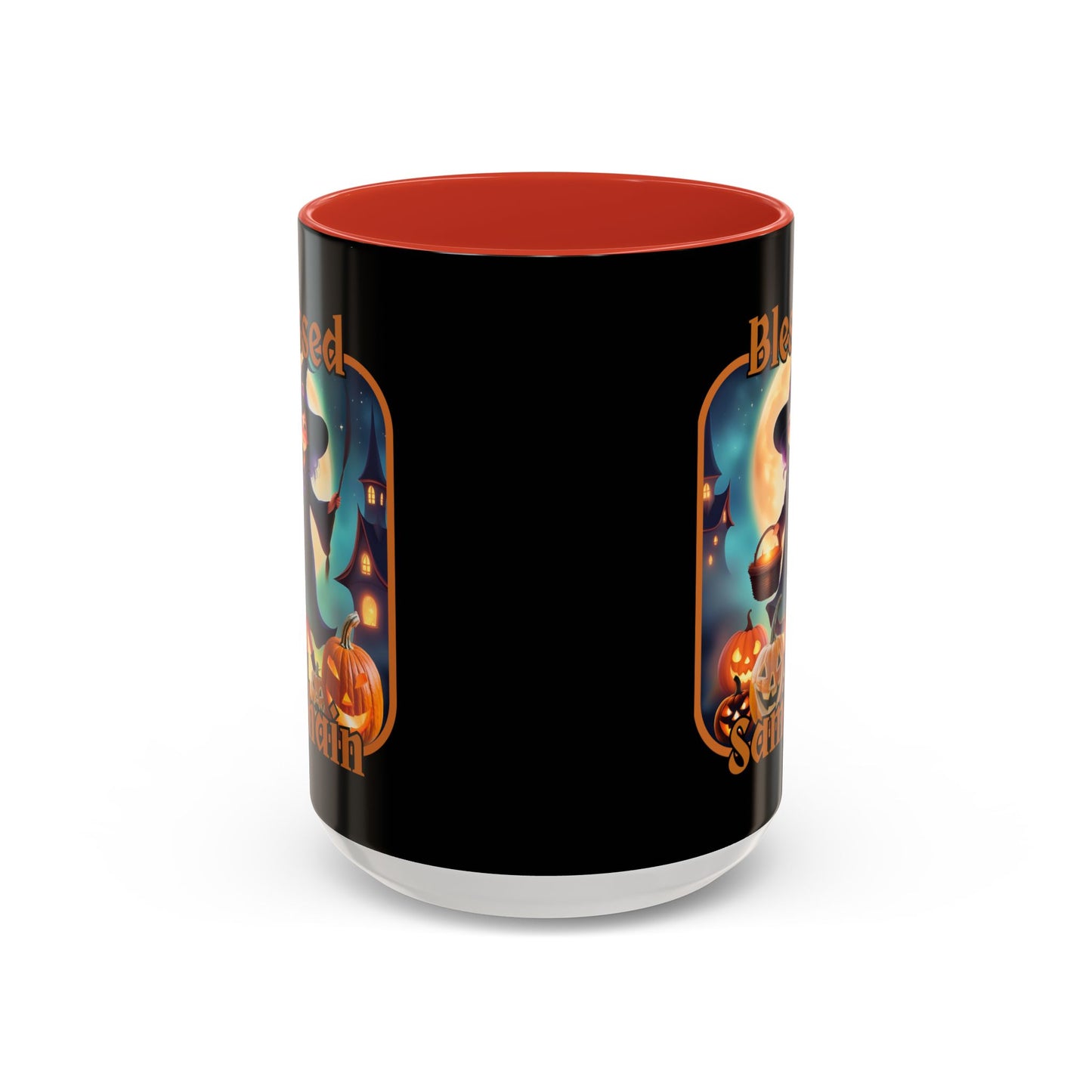 Blessed Samhain Little Witch Orange font Black Accent Mug by CreepyCrafts.boo