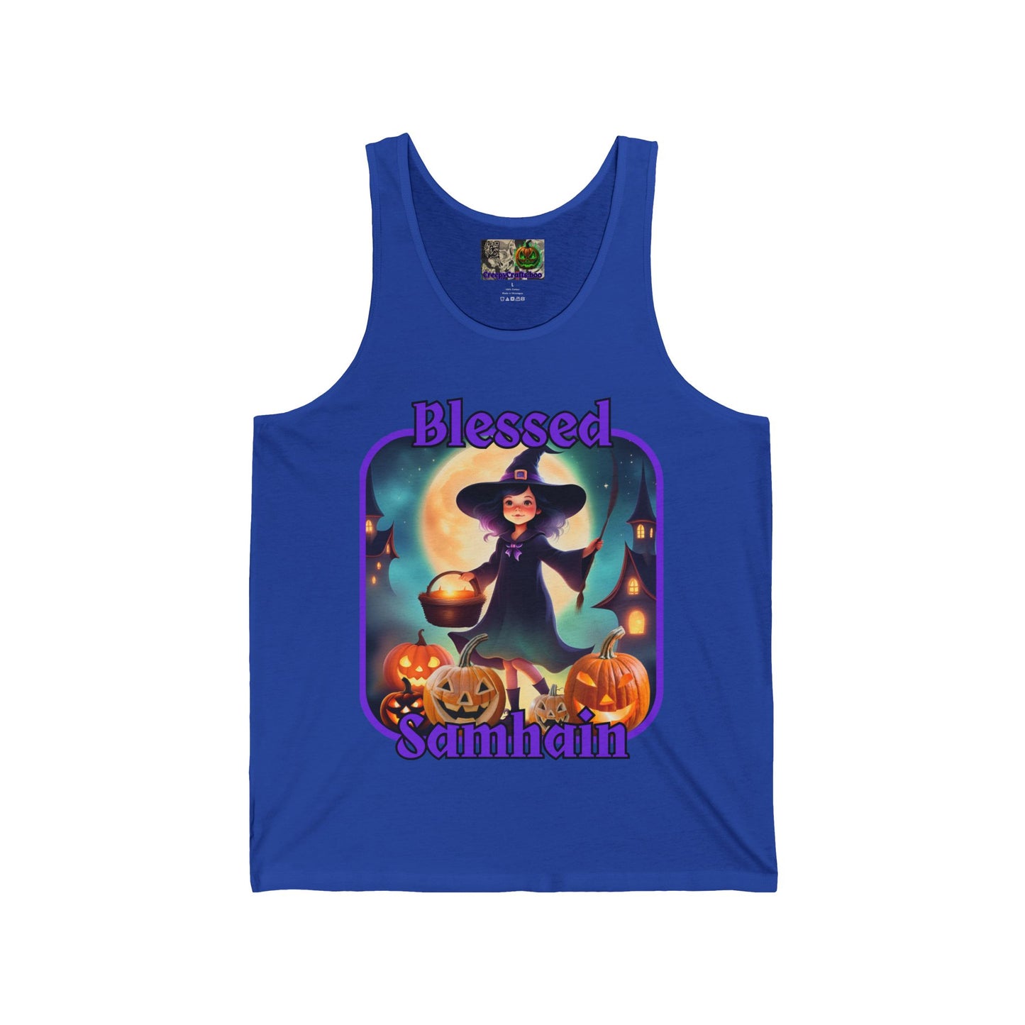 Blessed Samhain Little Witch Purple font Unisex Jersey Tank Top by CreepyCrafts.boo