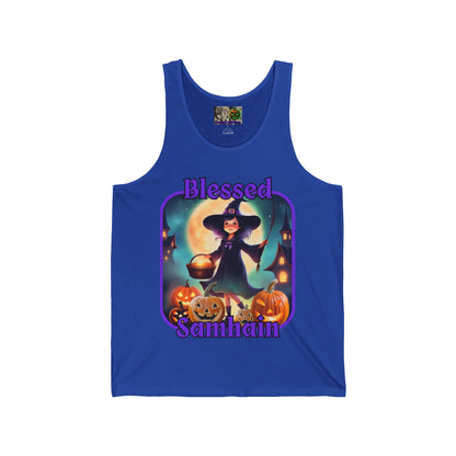 Blessed Samhain Little Witch Purple font Unisex Jersey Tank Top by CreepyCrafts.boo