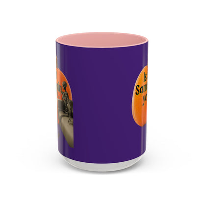 Is It Samhain Yet? Skeleton's Giant Pumpkin Purple Accent Mug by CreepyCrafts.boo