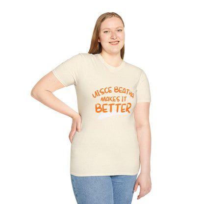 Uisce Beatha makes it better Orange font Light colors Unisex T-Shirt by cypherpunkgear.com