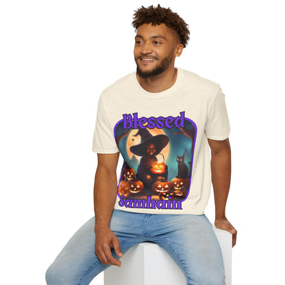 Blessed Samhain Cute Witch Purple font Light colors Unisex T-Shirt by CreepyCrafts.boo