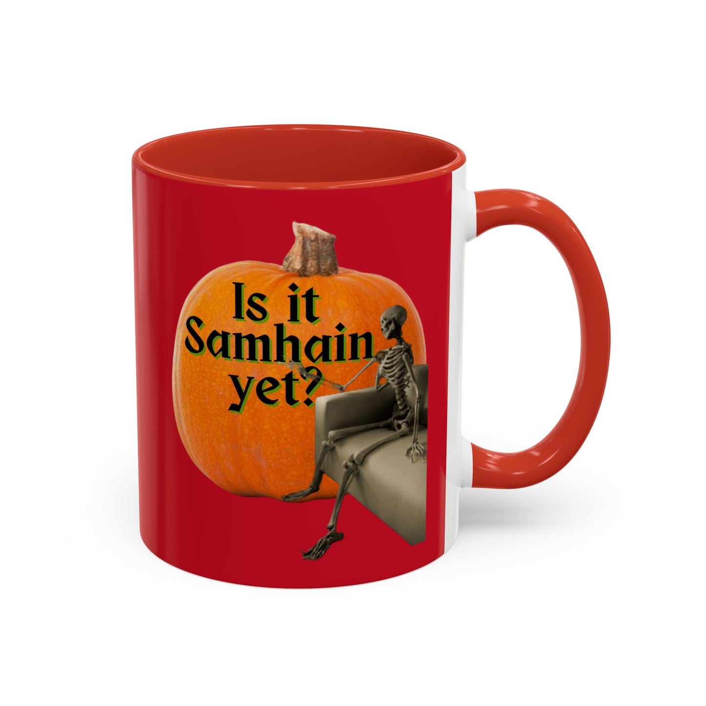 Is It Samhain Yet? Skeleton's Giant Pumpkin Red Accent Mug by CreepyCrafts.boo