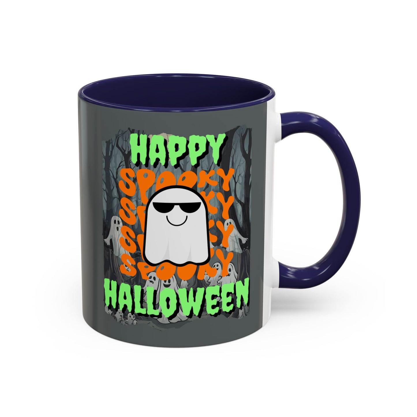 Spooky Happy Halloween Ghost Green font Grey Accent Mug by CreepyCrafts.boo