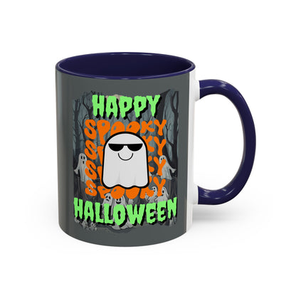 Spooky Happy Halloween Ghost Green font Grey Accent Mug by CreepyCrafts.boo