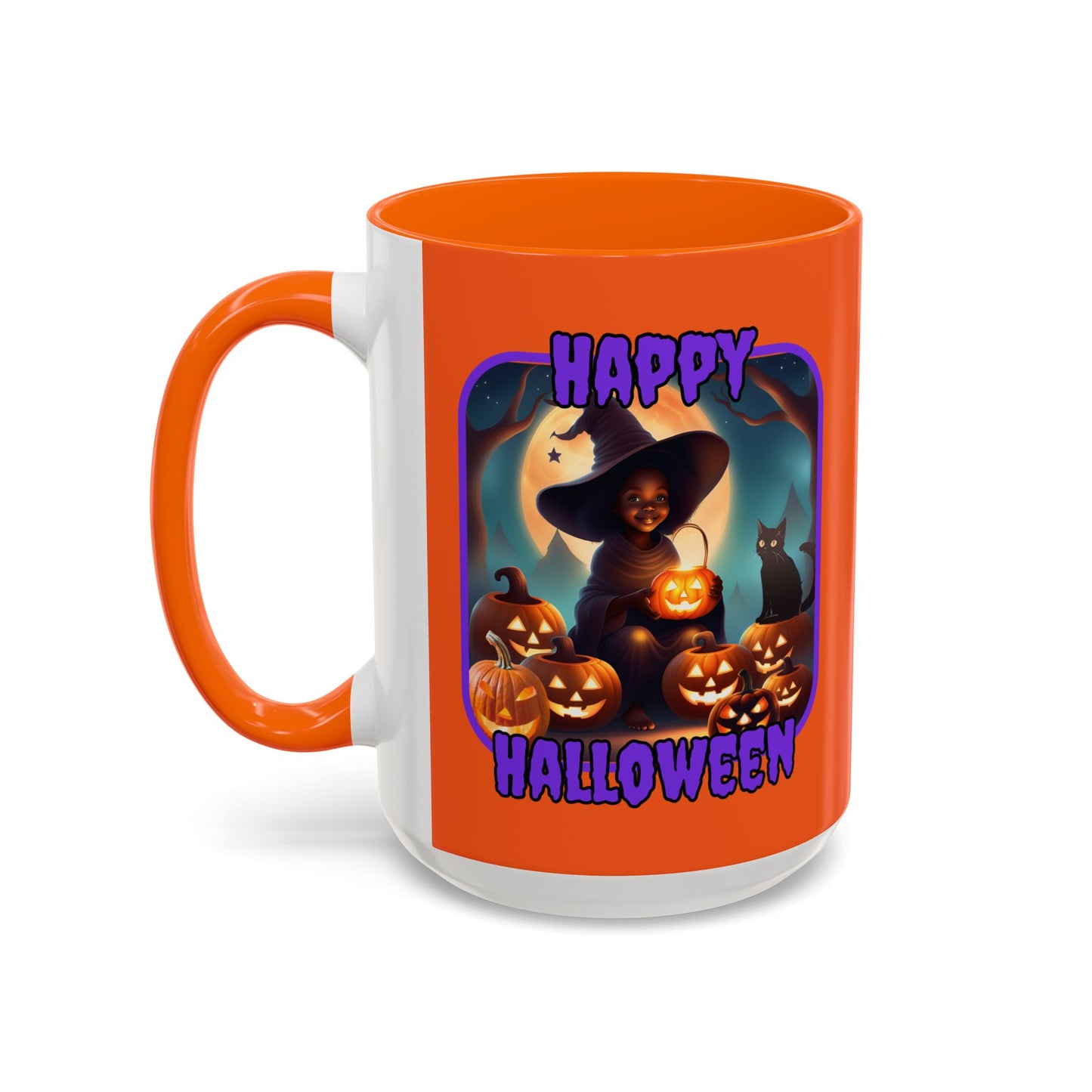 Happy Halloween Cute Witch Purple font Orange Accent Mug by CreepyCrafts.boo