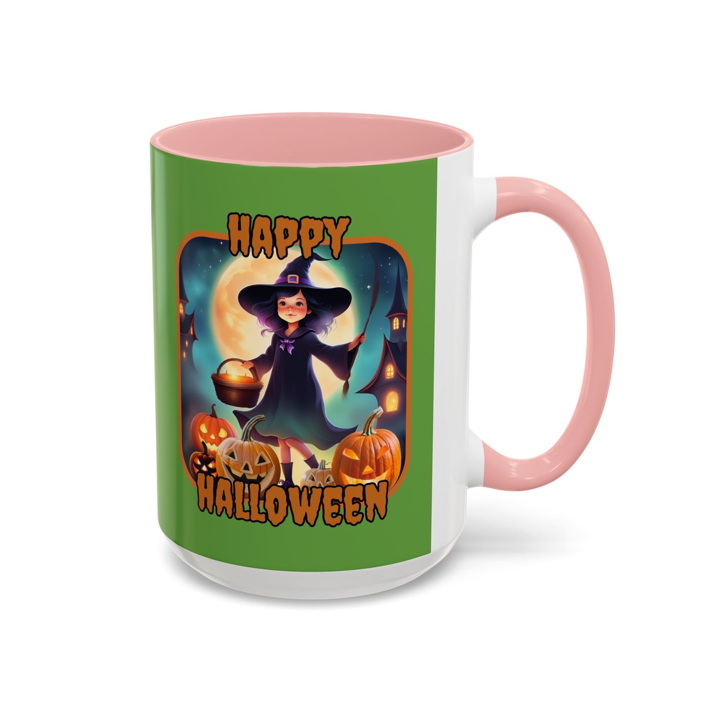 Happy Halloween Little Witch Orange font Green Accent Mug by CreepyCrafts.boo