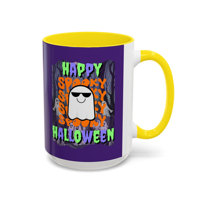 Spooky Happy Halloween Ghost Mixed font Purple Accent Mug by CreepyCrafts.boo